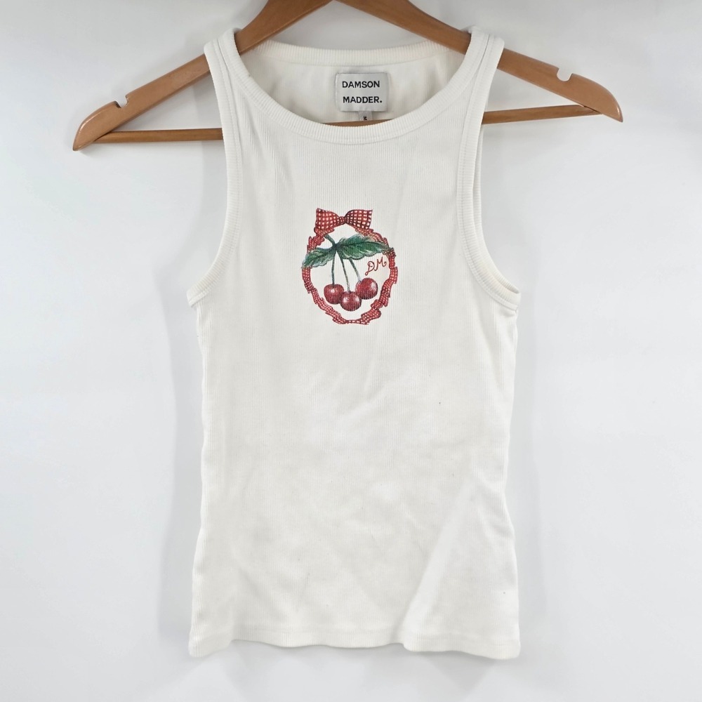 Damson Madder White Ribbed Cherry Graphic Tank Top Racerback Size M
